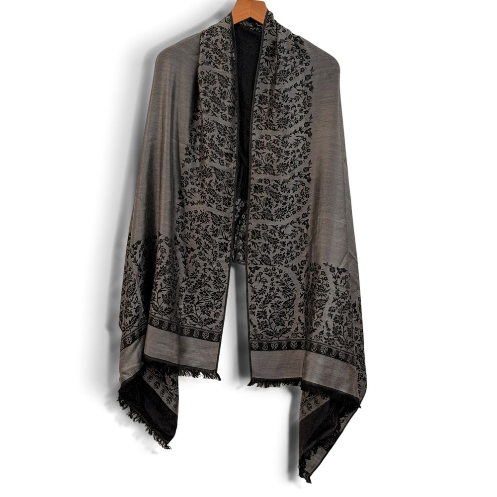 100% Cashmere Reversible Floral Jacquard Shawl Scarf Grey Black Paisley Fringe